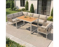 Tuinmeubelset 7 Personen L-Vorm Loungeset 237 x 181 x 79 cm – Hoekbank met Fauteuils & WPC Salontafel – Weerbestendige IJzeren Tuinset met 9 cm Kussens – Luxe Balkon & Terras Set – Urbanhome
