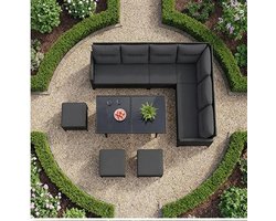 Tuinmeubelset 7 Personen Polyrotan Loungeset met Hoekbank, Eettafel en 2 Krukken 227x172,5x80 cm – Zwart/Grijs Tuin Lounge & Dining Set Weerbestendig – Urbanhome