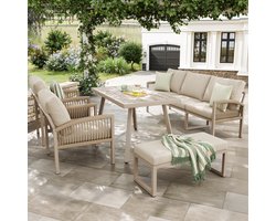 Tuinmeubelset - 7-persoons - Met Tafel in Houtlook en 2 Stoelen - Handgevlochten IJzer - Beige
