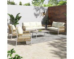 Tuinmeubelset 7-zits, 7 zitplaatsen, 1 salontafel, PE-Rattan, gegalvaniseerd stalen buisframe, gehard glas (geïmiteerde houtnerf), zitkussens afneembaar en wasbaar, beige