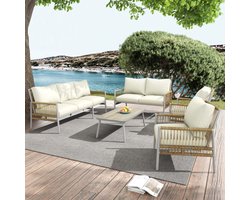 Tuinmeubelset 7-zits, 7 zitplaatsen, 1 salontafel, PE-rotan, gegalvaniseerde stalen buis, gehard glas (imitatie van massief houtnerf), zitkussens afneembaar en wasbaar, beige