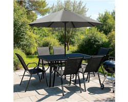 Tuinmeubelset 8-delig met Parasol 150x90x70 cm – Luxe Zwarte Tuinset met Glazen Tafel en 6 Stapelbare Stoelen voor Tuin, Balkon en Terras – Weerbestendig & Modern Design – Laura