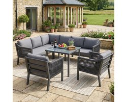 Tuinmeubelset - 8 Personen - Hoekbank met Eettafel en Fauteuils - Verzinkt IJzer/Glas - Grijs