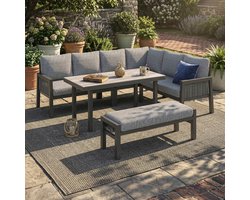 Tuinmeubelset - 8 Personen - Hoekset Eettafel + Banken + Sofa - Verzinkt IJzer + Glasplaat - Handgemaakt PE Gevlochten Seil - Grijs