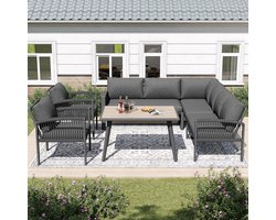 Tuinmeubelset 8 Personen met Hoekbank en Tafel 234x69x86 cm – Outdoor Loungeset van Verzinkt Staal & Handgevlochten Touw met Dikke Kussens – Weerbestendig voor Tuin, Balkon & Terras – Grijs – Laura