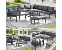 Tuinmeubelset - 8-persoons - L-vorm met Marmer-look Glastafel - Handgevlochten IJzer - Grijs