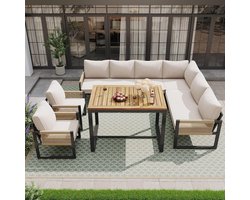 Tuinmeubelset 8-persoons Loungeset – Modulaire Tuin Eetgroep met Eettafel 95x63x65 cm, 7-delige Outdoor Balkon- & Terrasset met 8 cm Kussens, Weerbestendig Rieten Design | Urbanhome
