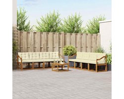 Tuinmeubelset, 9-delig, modulaire bank met kussen in naturel en crème, massief acaciahout, moderne loungeset voor tuin en terras