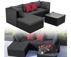 Tuinmeubelset – Balkonmeubels – Loungeset – Rotan Meubels – Buitenmeubels – 5-delig PVC Rattan – Met Kussens En Glazen Tafel – Zwart