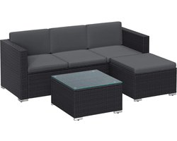 Tuinmeubelset, balkonmeubilair, terrasmeubilair van polyrotan, hoekbank, buiten, handgeweven rotan, loungeset, met kussen en glazen tafel, zwart en grijs