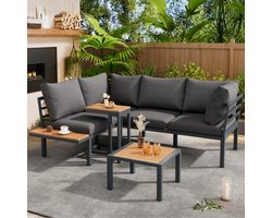 Tuinmeubelset, bank + bijzettafel + salontafel (kan als voetenbankje gebruikt worden), gegalvaniseerde stalen buis, kunststof houten tafelblad, geschikt voor balkon en tuin, grijs + zwart