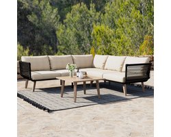 Tuinmeubelset, Bank + Salontafel, gegalvaniseerd stalen buisframe, Olefine, Tafelblad in houtnerf kleur, gevlochten touwwerk, geschikt voor de tuin, Beige + Zwart