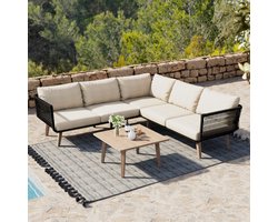 Tuinmeubelset, bank + salontafel, gegalvaniseerde stalen buis, olefin, tafelblad in houtnerfkleur, gevlochten touw, geschikt voor de tuin, beige + zwart
