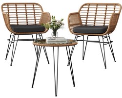 Tuinmeubelset Bistroset 3-delig, Rattan Stoelen met Afneembare Kussens en Tafel met Gehard Glas, Weerbestendig, Buiten Zitset voor Veranda en Zwembad, Zwart