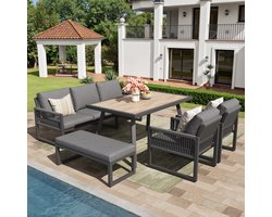 Tuinmeubelset - buitenbank voor 6-7 personen - tuinbank met grote eettafel - met zit- en rugkussens - wind- en weerbestendige bank