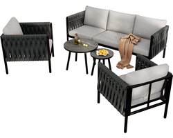Tuinmeubelset – Buitenmeubelset – Tuinbank – Terrasmeubelen – Handgeweven Design – Weerbestendig Staal – Marmeren Glazen Tafel