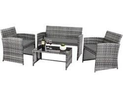 Tuinmeubelset - Buitentafel en Stoelen - 4-delige - 3-zits Bank met 1 Glazen Tafel - Terrasmeubilairset voor Buiten & Tuin