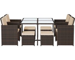 Tuinmeubelset - Eettafel en Stoelen - Set van 9 - Terras - Salontafel met Glazen Oppervlak - Bruin Beige