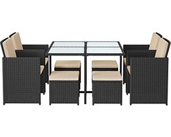 Tuinmeubelset - Eettafel en Stoelen - Set van 9 - Terras - Salontafel met Glazen Oppervlak - Bruin Beige