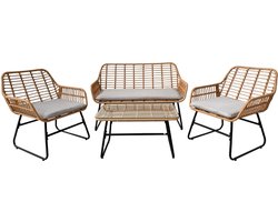 tuinmeubelset- glazen tafel + 2 stoelen + bank- bruin- grijze kussens- tuin set