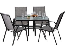 tuinmeubelset- glazen tafel - 4 stoelen- grijs- stoelen opstapel baar- complete tuin set