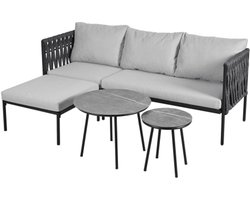 Tuinmeubelset, hoekbank + 2 salontafels + voetenbank, dik touwvlechtwerk, glazen tafel met marmeren patroon, geschikt voor tuin, zwembad en andere buitenruimtes, grijs