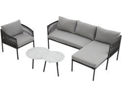 Tuinmeubelset, hoekbank + eenpersoonszit + 2 salontafels, gegalvaniseerde stalen buis, marmergelakt glazen tafelblad, gevlochten touwwerk, geschikt voor buitengebruik, grijs