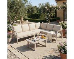 Tuinmeubelset - Hoekbank Met 6 Zitplaatsen, Beige - Geweven Armleuningen En Glas Salontafel - Voor Tuin, Terras Of Zwembad