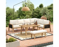 Tuinmeubelset, hoekbank + salontafel, acaciahouten frame, acaciahouten tafelblad, geweven touwwerk, geschikt voor de tuin, naturel + crème