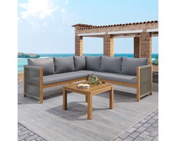 Tuinmeubelset - Hoekbank + Salontafel - Akazie Hout - Gevlochten Staal - Grijs