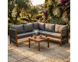 Tuinmeubelset - Hoekbank + Salontafel - Frame en Blad van Acaciahout - Afgewerkt met Geweven touw - Geschikt voor de Tuin--Grijs