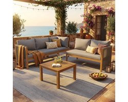 Tuinmeubelset, Hoekbank + Salontafel, Frame en Blad van Acaciahout, L-Bank, Afgewerkt met Geweven touw, Geschikt voor de Tuin--Grijs