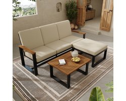 Tuinmeubelset, hoekbank + salontafel + voetenbank, gegalvaniseerd stalen buis, acaciahouten tafelblad, geschikt voor tuinen, zwembaden en andere buitenruimtes, beige + zwart