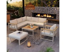 Tuinmeubelset - hoekopstelling - voor 7 personen - met kunststofhouten armleuningen - inclusief salontafel - in khaki en beige