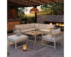 Tuinmeubelset - Hoekopstelling voor 7 Personen - Met Salontafel - Verzinkt Staal & Kunststofhout - Khaki Beige
