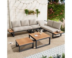 Tuinmeubelset, Hoekpositie, met Verstelbare Kantelfunctie (5 niveaus, tot 55°), Gegalvaniseerde Stalen Buis, Tafelblad van Kunststof Hout, met Twee Salontafels, Beige + Grijs