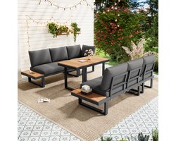 Tuinmeubelset - hoeksalon - met verstelbare leunfunctie - tafelblad van kunststof hout - inclusief eettafel - grijs en zwart