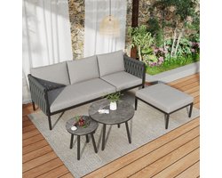 Tuinmeubelset, hoekset, bank + 2 salontafels + voetenbank, dik touwvlechtwerk, glazen tafel met marmeren oppervlak Geschikt voor tuinen, zwembaden en andere buitenruimtes.
