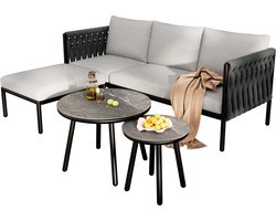 Tuinmeubelset - Hoekset - Bank 2 Salontafels Voetenbankje - Dik touwgaas - Glazen tafel met marmeren oppervlak - Grijs