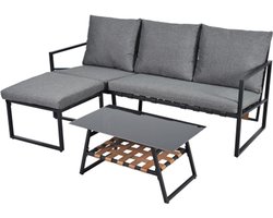 Tuinmeubelset, hoekset, bank + salontafel + voetenbank, gegalvaniseerde stalen buis, glazen tafelblad, geschikt voor tuinen, zwembaden en andere buitenruimtes, grijs