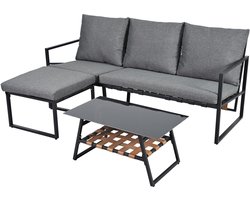 Tuinmeubelset - hoekset - bank salontafel voetenbankje - glazen tafelblad - grijs