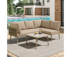 Tuinmeubelset - L-vorm - Comfortabele Sofa met Verstelbare Poten - IJzer en Glas - Kaki