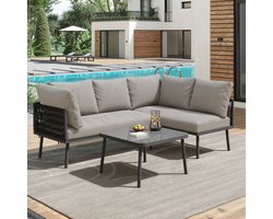 Tuinmeubelset - L-vorm - Rope Loungeset met Verstelbare Poten - IJzer en Glas - Grijs