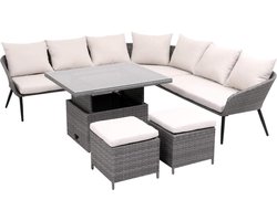 tuinmeubelset- lounge bank + 2 krukjes+ tafel met glazen dienblad- grijs- compleet tuin set