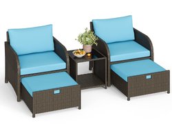 Tuinmeubelset Lounge Set 5-delig, Rattan Bank met Dikke Kussens, 2 Hockers en Opbergtafel, Weerbestendig PE Wicker, Voor Balkon, Tuin, Veranda, Achtertuin, Blauw