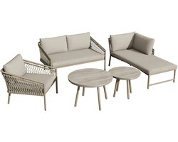Tuinmeubelset - Loungeset - Tuinlounge Lounge Set - Lounge Set - Voor Tuin, Terras of Balkon - 2-Zits Sofa, 2 Fauteuils & Salontafel - Handgeweven Touw, Houtlook & Glasplaat - Gegalvaniseerd Staal