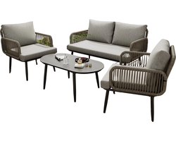 Tuinmeubelset - Loungeset - Tuinlounge Lounge Set - Lounge Set - Voor Tuin, Terras of Balkon - 2-Zits Sofa, 2 Fauteuils & Salontafel - Handgeweven Touw & Houtnerflook - Met Glasplaat & Gegalvaniseerd Staal