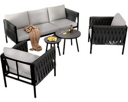 Tuinmeubelset - Loungeset - Tuinlounge Lounge Set - Lounge Set - Voor Tuin, Terras of Balkon - 3-zits Sofa, 2 Fauteuils & 2 Tafelbanken - Dik Touw & Gaasdesign met Gemarmerde Glasplaat - Gegalvaniseerd Staal