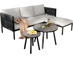 Tuinmeubelset - Loungeset - Tuinlounge Lounge Set - Voor Tuin, Zwembad of Terras - Sofa, 2 Salontafels & Voetkruk - Dik Touw & Marmeren Tafel