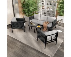 Tuinmeubelset met comfortabele kussens - 3-zitsbank - 2 fauteuils en 2 salontafels - gemarmerd glazen blad - grijs